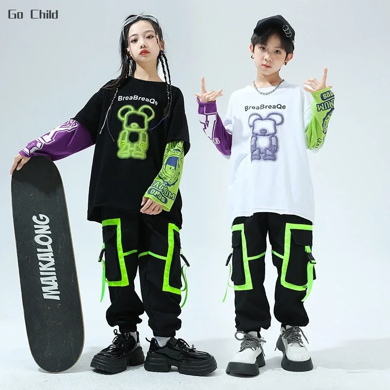 

Hip Hop Boys Fake Two-piece Sweatshirt Cargo Pants Girls Fashion Top Child Teens Jazz Clothes Sets Kids Street Dance Streetwear