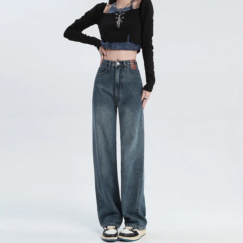 

Women Baggy Straight Denim Trousers High Waisted Straight Tube Wide Leg Label Baggy Jeans For Women Streetwear Pants