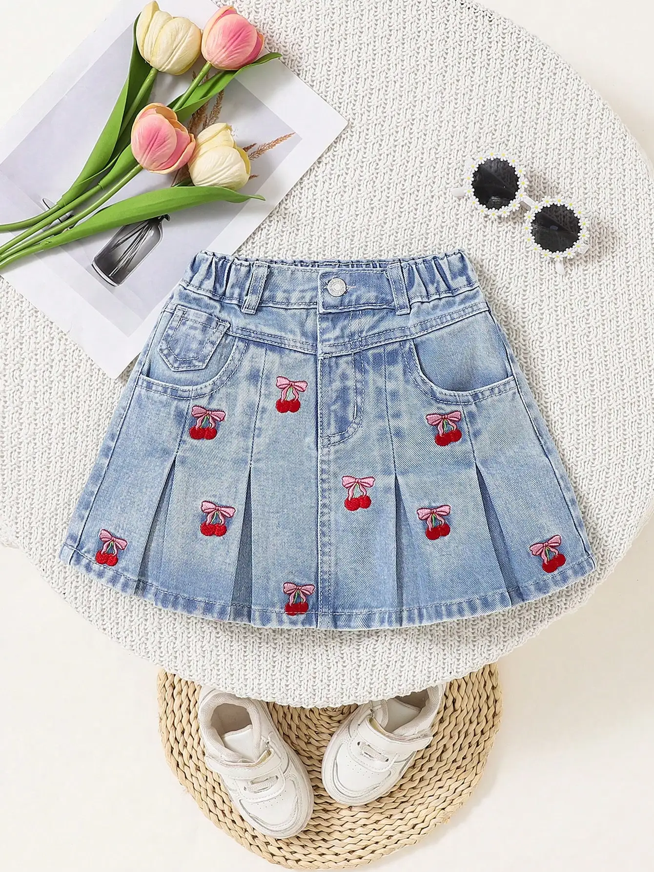 

Light Blue Washed Denim Pleated Skirt with Cherry & Bow Embroidery, Elastic Waist, Casual Summer Style