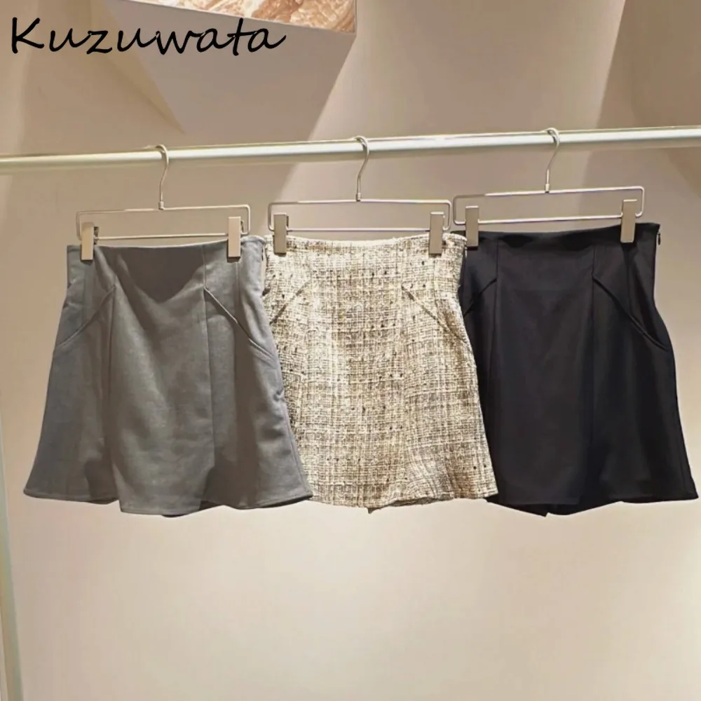 Kuzuwata New Temperament High Waist A-line Skirt Casual All-match Slim Plaid Short Faldas Japan Moda Sweet Mermaid Women Mujer