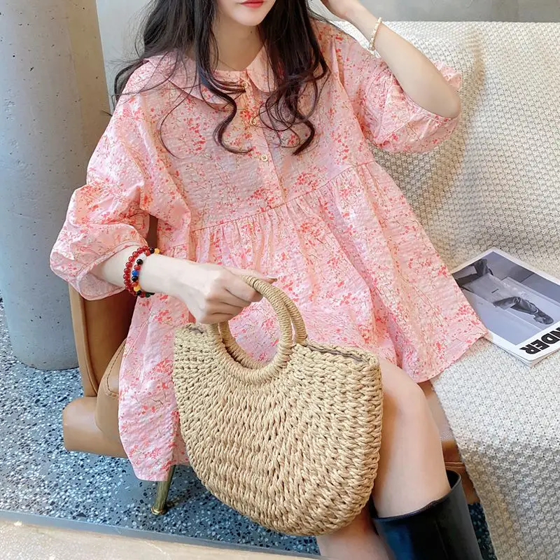 2024 New Peter Pan Collar Blouse Summer Korean Loose Sweet Fragmented Flower Button Spliced Ruched Lantern Sleeve Pullover Shirt