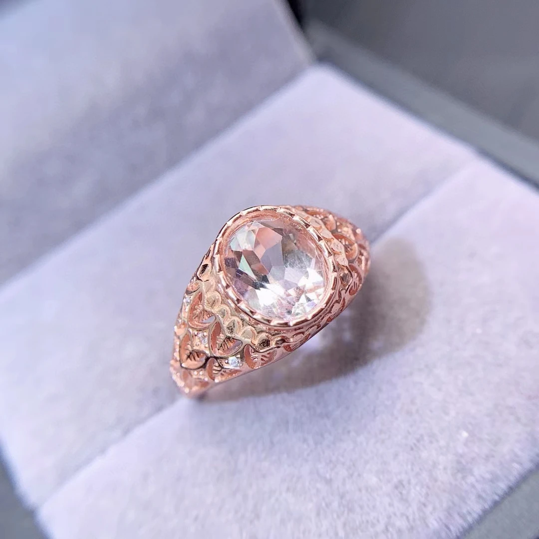 Natural Pink Morganite Silver Ring for Office Woman Solid 925 Silver  7mm*9mm 2ct Morganite Ring with 3 Layers 18K Gold Plated