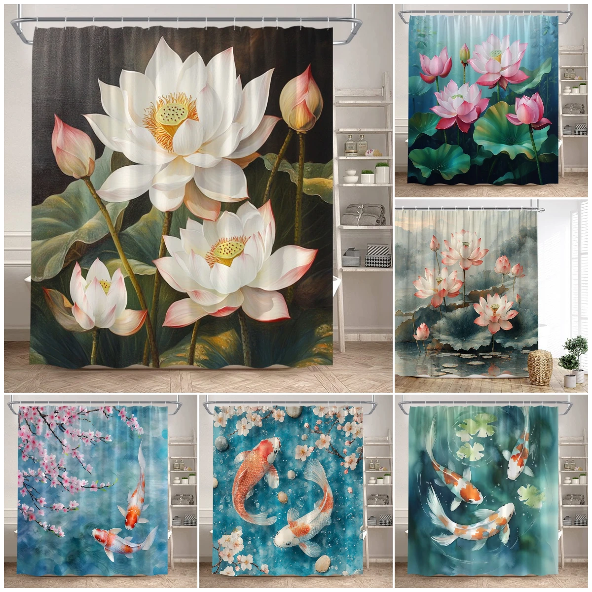 Koi Lotus Shower Curtains Pink Floral Green Leaves Carp Fish Japanese Style Fabric Home Bathroom Curtain Decoration With Hooks