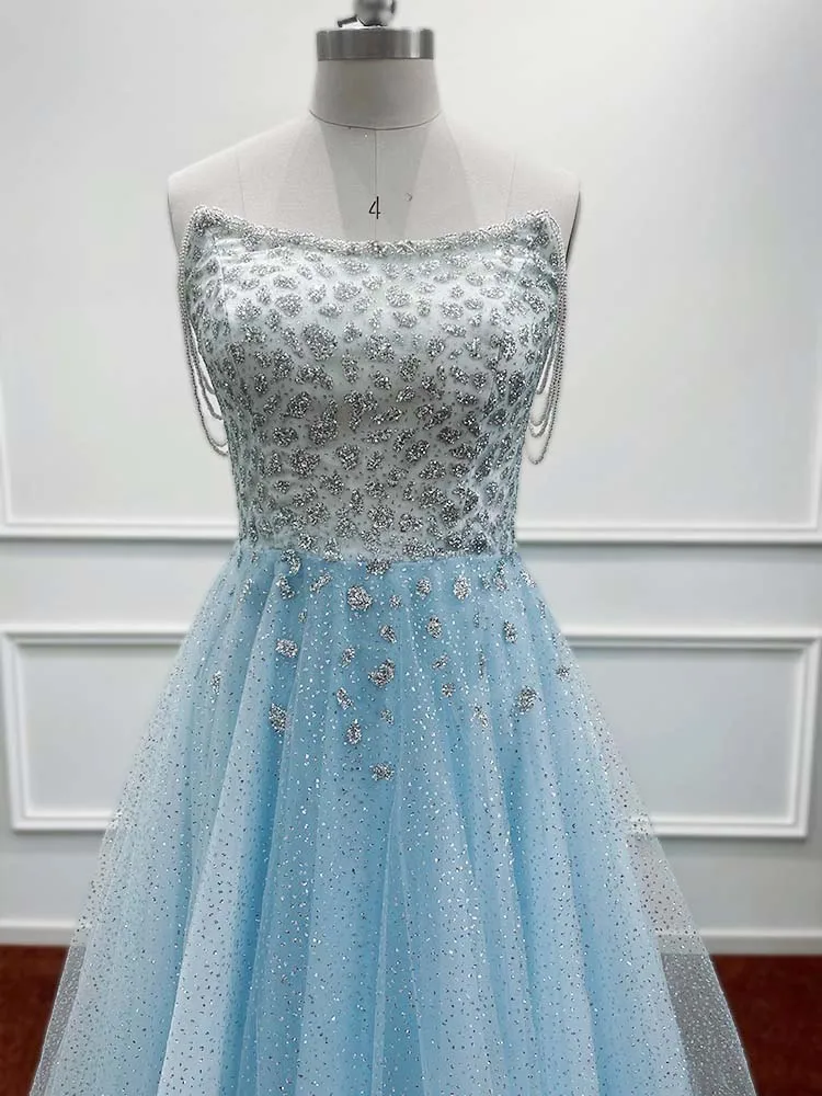 Blue Tulle Elegant Evening Dresses For Women 2024 Strapless A Line Beading Sequined Vestido De Fiesta Formal Wedding Party Gown