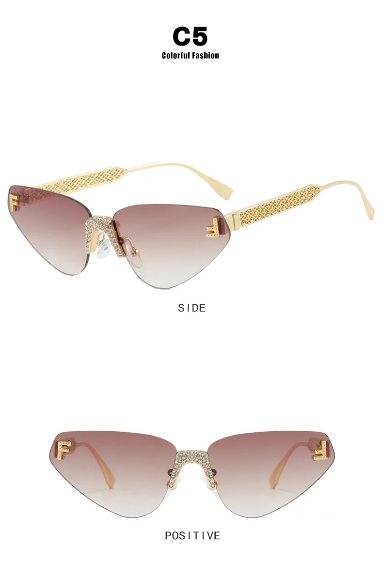 Frauen Sexy Cat Eye Randlose Strass Sonnenbrille Luxus Marke Designer Retro Punk Metall Sonnenbrille männer UV400 Fahren Gläser – Detail 11