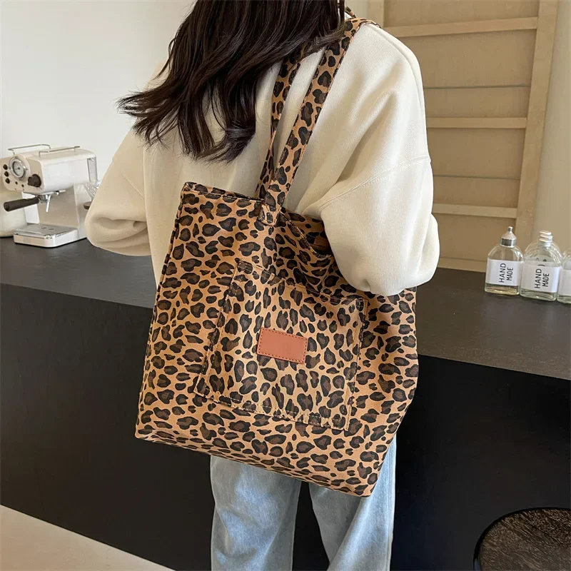 Vintage Fashion Leopard Print Canvas Bag College Style Wszechstronna torba na ramię o dużej pojemności w obcym stylu Tote Bag