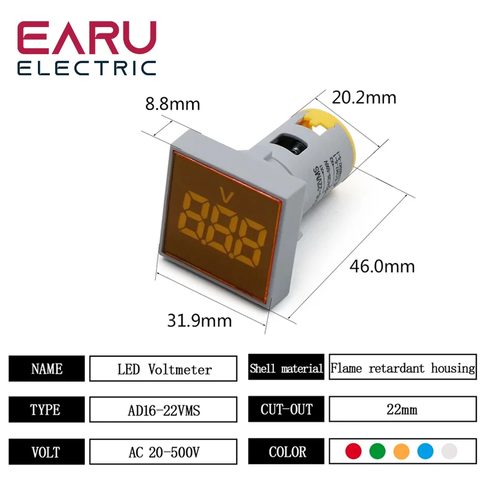 22mm Square DIY Mini Digital Voltmeter AC 20-500V Volt Voltage Tester Meter Monitor Power LED Indicator Pilot Lamp Light Display