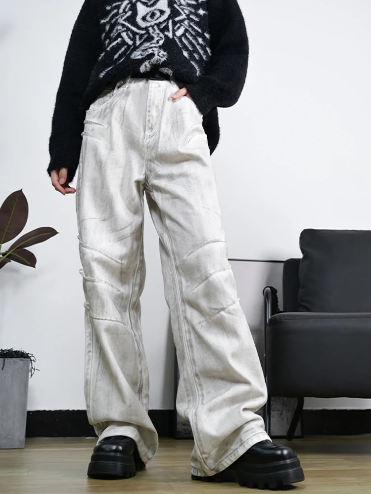 Japanese Smudged Old Pleated White Jeans Women's Retro Washed Pure Cotton Straight-leg Pants Long Trousers Zipper Loose Slacks