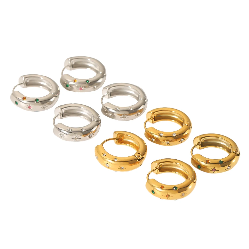 Großhandel Modische Zarte 18K Vergoldete Edelstahl-Ohrringe Minimalistische Chunky Farbige Zirkon-Huggie-Ohrringe für Damen – Detail 5