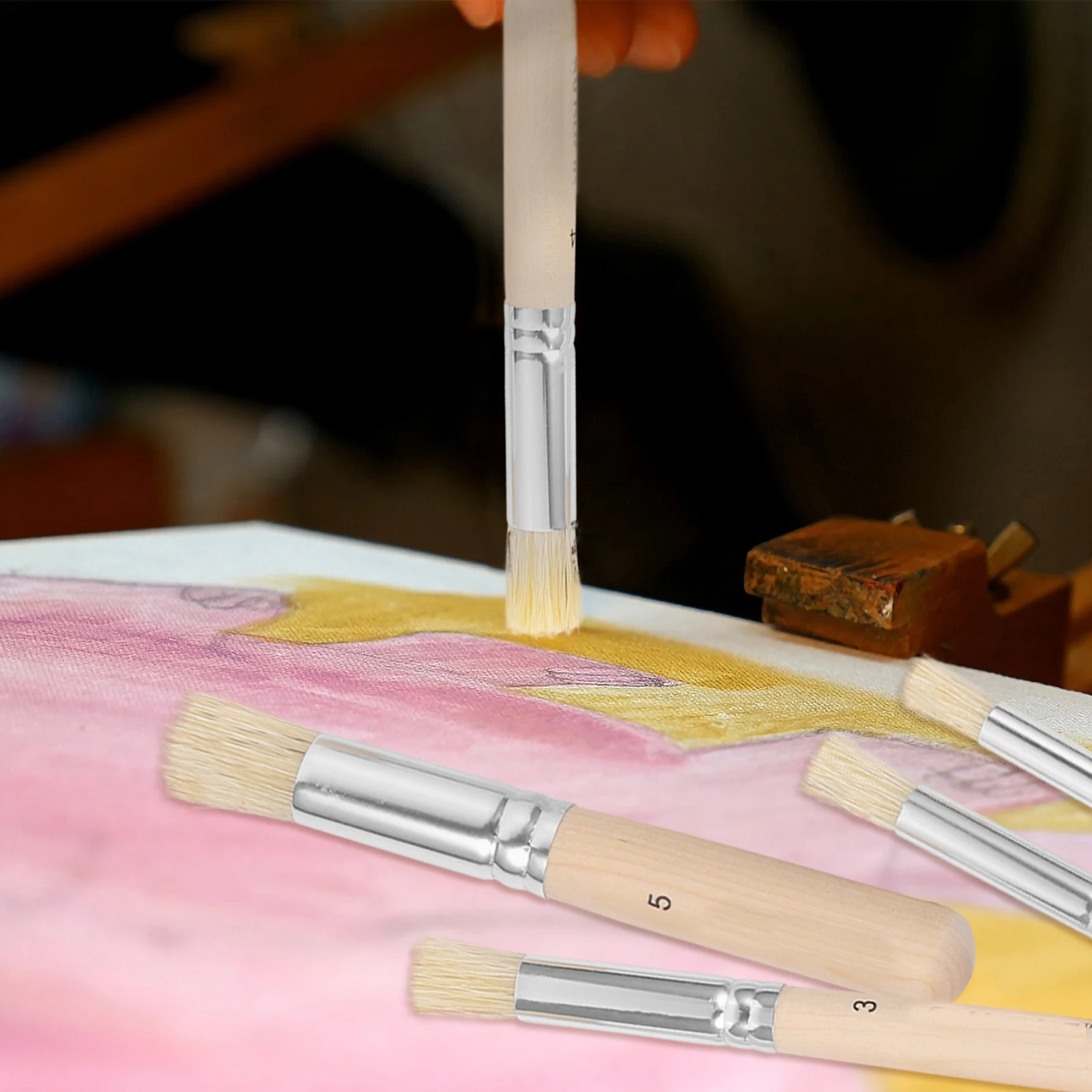 

5Pcs Pig Bristle Brushes Wood H Aluminum Tube Short Rod Oil Paint Stencil Template Art Supplies Painting Tools
