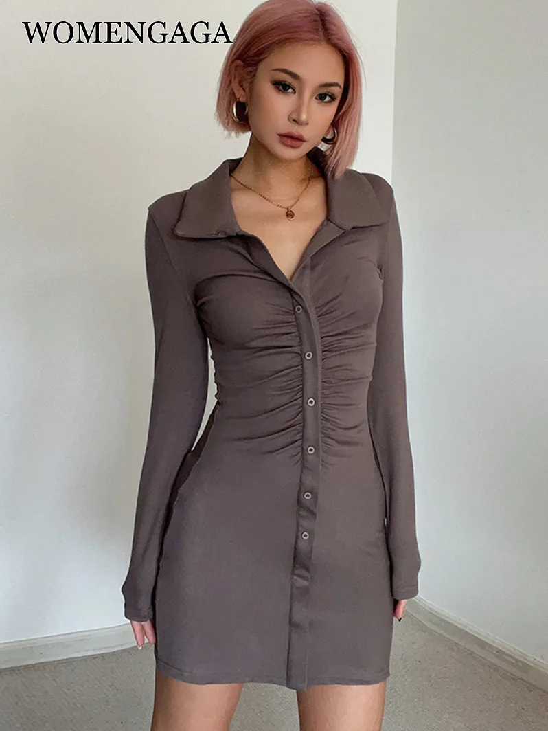 WOMENGAGA Solid Pleated POLO Collar Button Long Sleeve Mini Dress Elastic High Waist Slim Sweet Fashion Korean Women Top A8PM