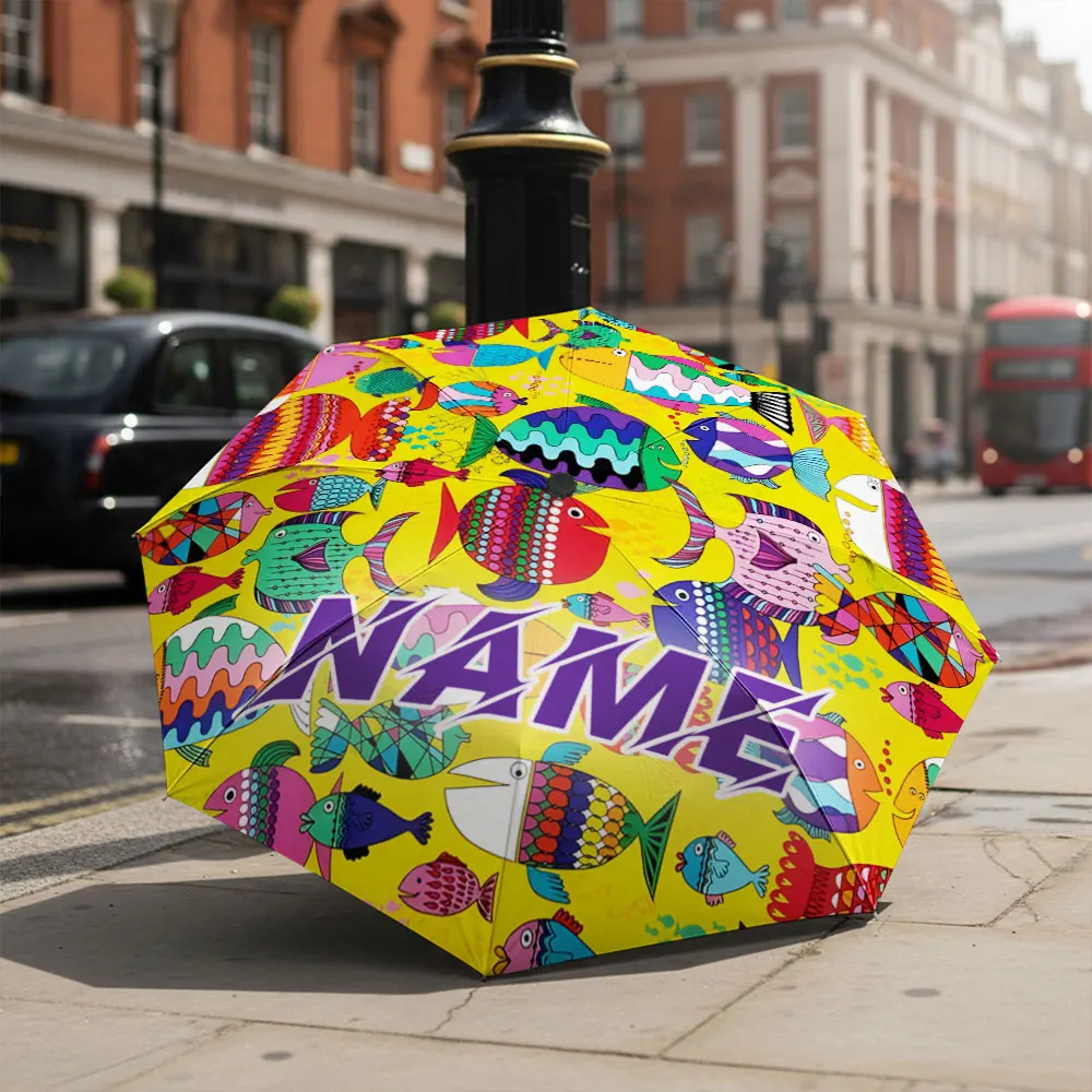 Custom Name umbrella, Vibrant Multicolored Fish Print Fashion Folding Umbrella for Sunny and Rainy Days, Christmas Gift