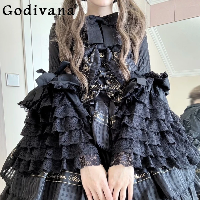 

Черно-белый топ с завязкой на талии для женщин, кружевные блузки в стиле Лолиты в готическом стиле, женская внутренняя одежда, осенне-зимняя рубашка в стиле Лолиты