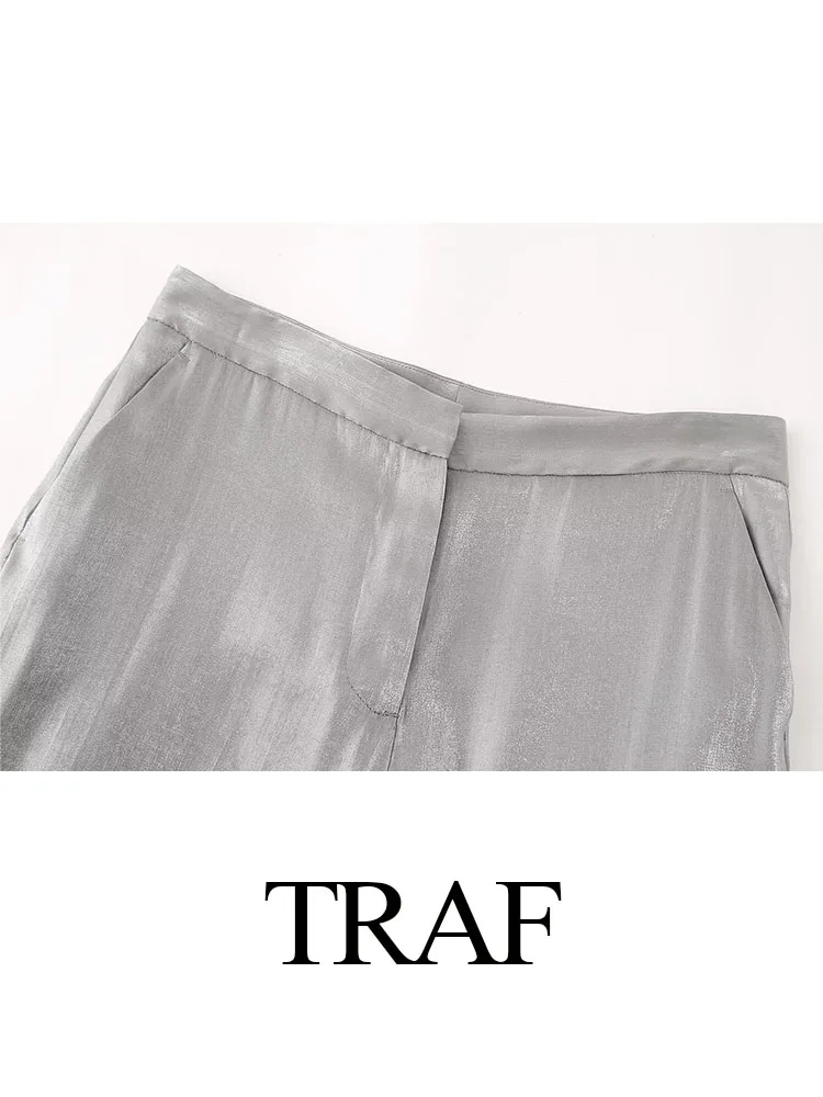 TRAF-Pantalon Surintendant Argenté pour Femme, Taille Haute, Décontracté, Long, Poches, Fermeture Éclair, Chic, Jambes Larges, Nouvelle Mode, Printemps