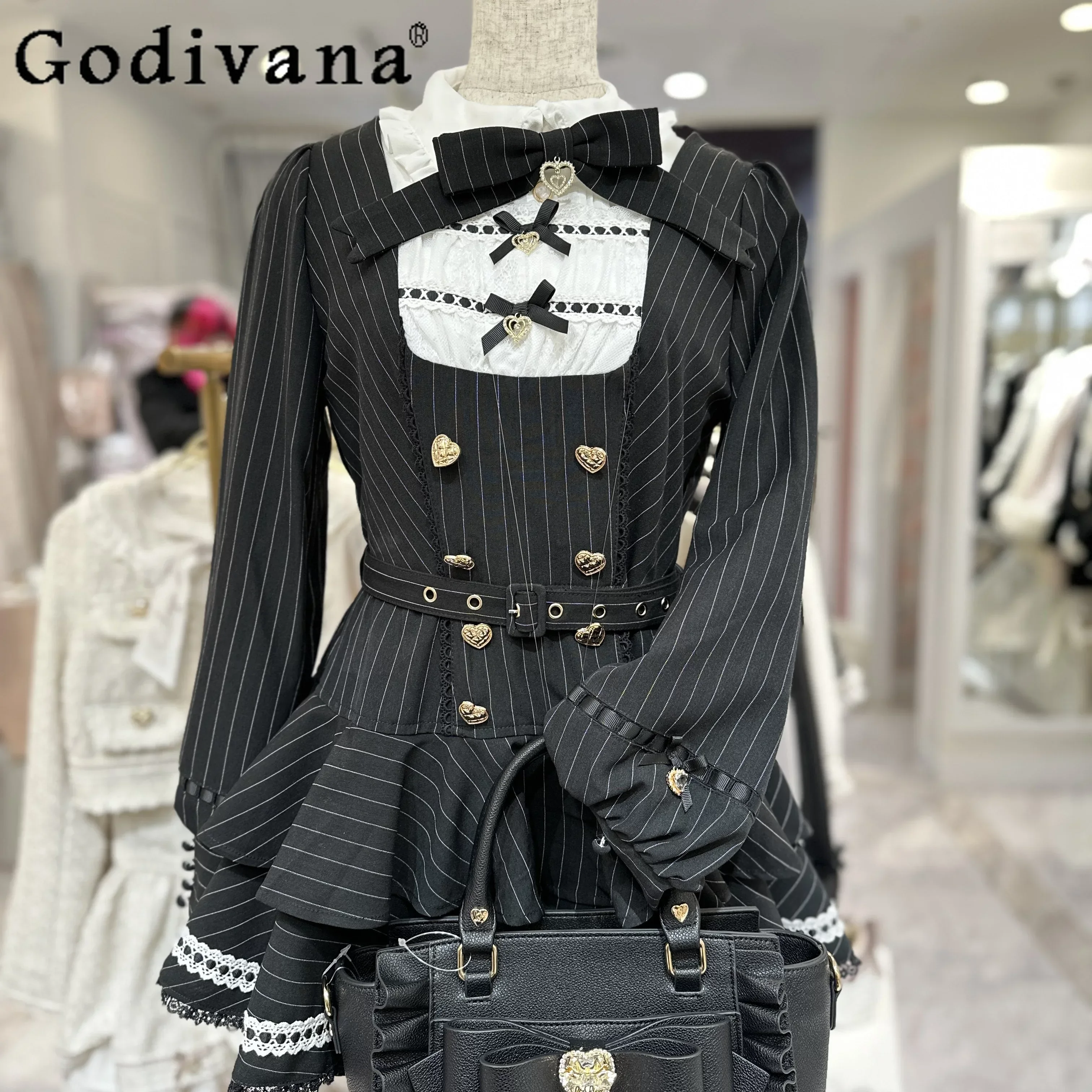 IMU Japanese Liz Dress Set Cute Doll Collar Butterfly Belt Heart Buckle Striped Long-sleeve Top Shorts Lolita Womens 2piece Set