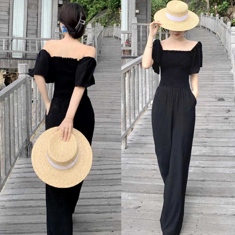 

Spring Summer 2025 One-oulder Slimming Beach Vaion ort-Sve Chiffon Jumpsuit Wide-Leg Long Pants High Waist Sweet Sle