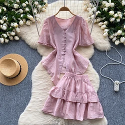 Summer Simple V-neck Two Piece Skirt Set Short Sleeved Shirt+High Waist Cake Mini Skirt Set for Women's Summer