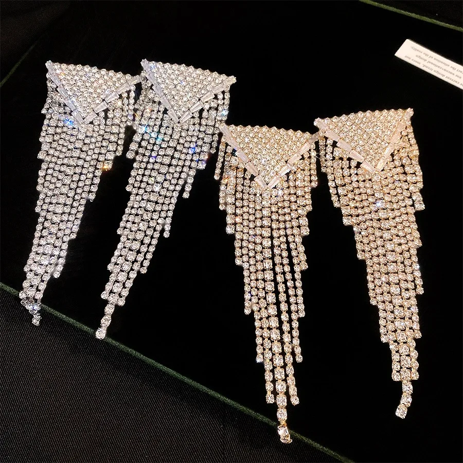 Triangle Rhinestone Long Tassel Dangle Earrings Sparkling Multi Layer Crystal Drop Jewelry for Women Wedding Evening Party Gift