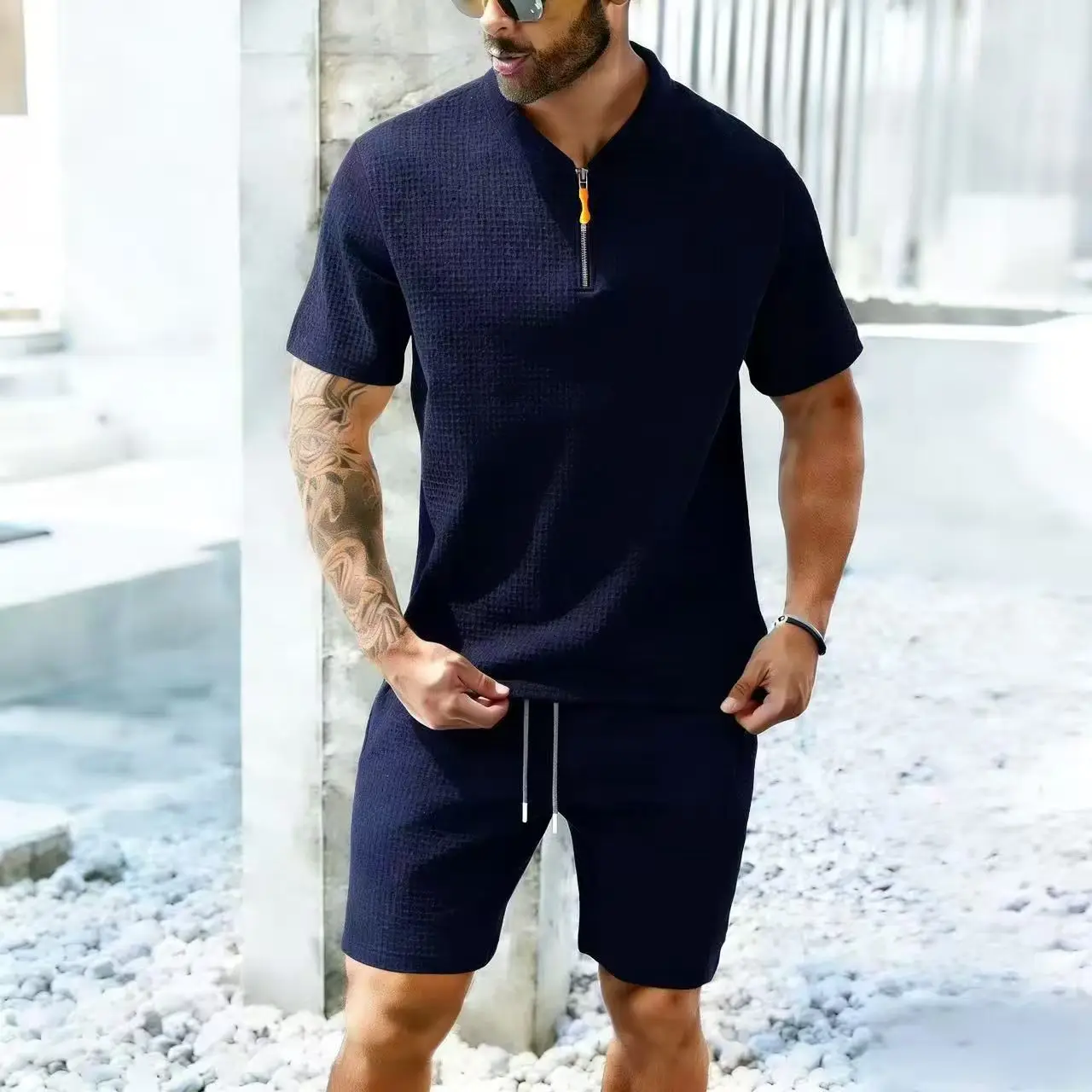 

Men's set T-shirt set summer waffle collar zipper solid color short sleeved shorts men's outdoor casual set