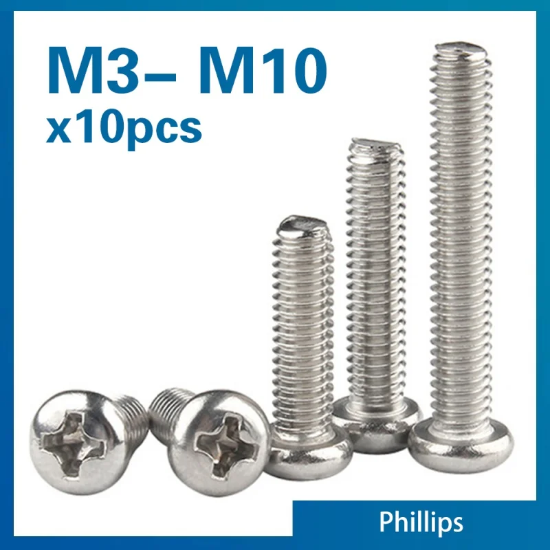10pcs/lot Recessed Pm Pan Round Screws M3 M3.5 M4 M5 M6 M8 M10 A2-70 Stainless Steel Phillips Machine Screw