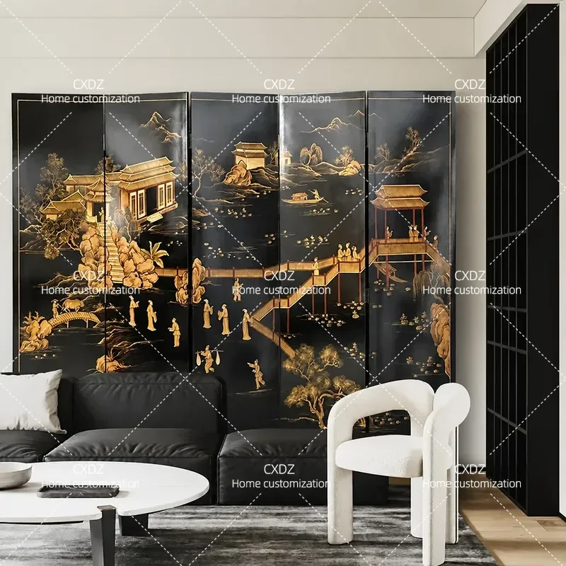 Chinese Style Simple Folding Screen Living Room Partition Entrance Gold Sofa Background Decorative Painting Customization