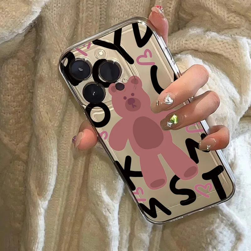 Ins Korean Lovely Pink Bear Phone Case For iPhone 16 Pro Max 15 14 13 12 11 Mini X XR XS Max 7 8 Plus SE2 Soft Anti fall Cover