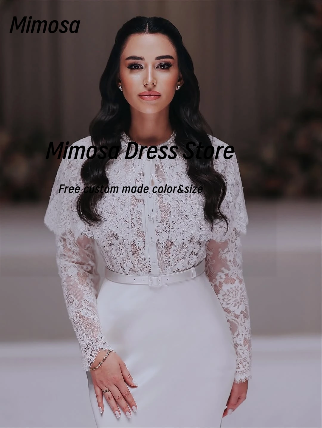 Mimosa Abiti da ballo da donna saudita Abito da sera a maniche lunghe in pizzo con fascia Abiti da festa formali per occasioni speciali personalizzati