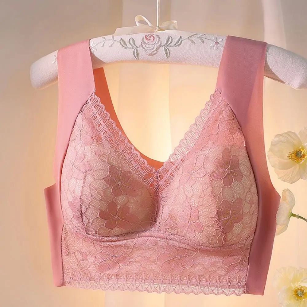 

Plus Size Lace Women's Underwear Shockproof Comfortable Wireless Deep V Bra Close-fitting Lingerie Seamless Bra Ladies