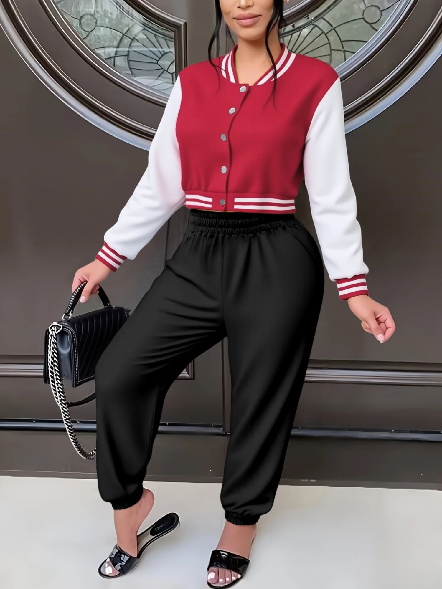

Women Casual 2PCS Color Block Baseball Jacket & Elastic Waist Sweatpants Sportswear Outfit