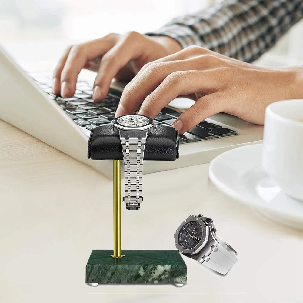 AT08 جديد الرخام الأخضر الفضة دعم قضيب سوار ساعة سوار عرض موقف، حامل تخزين المجوهرات الجلدية، حامل الساعة