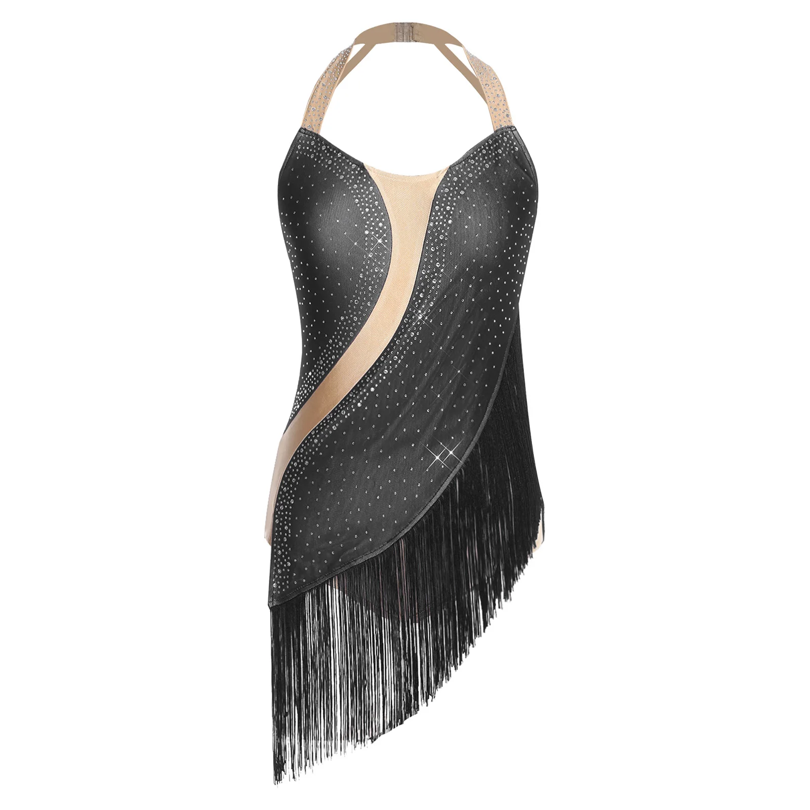 Womens Rhinestones Gymnastics Jersey Latin Dance Tassel Bodysuit Dress Figure Skating Leotard Tango Cha-cha Dance Stage Costume