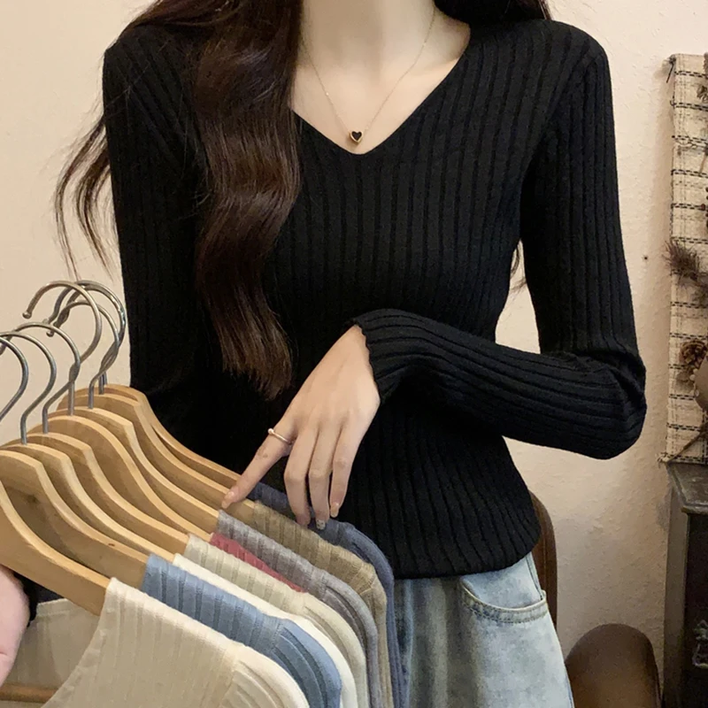 Women V Neck Long Sleeve Knitshirts Autumn Winter Slim Bottoming Tops Solid Color Simple Female Pullover Thin Sweater