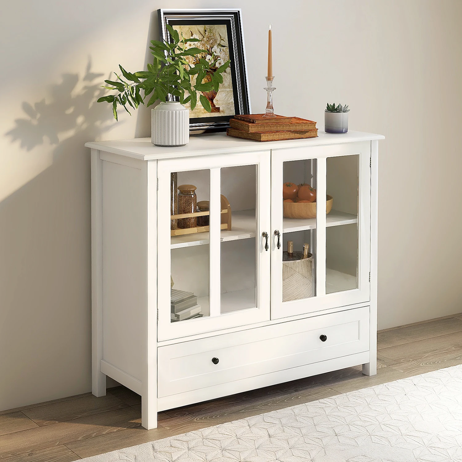 Buffet storage cabinet with double glass doors and unique bell handle