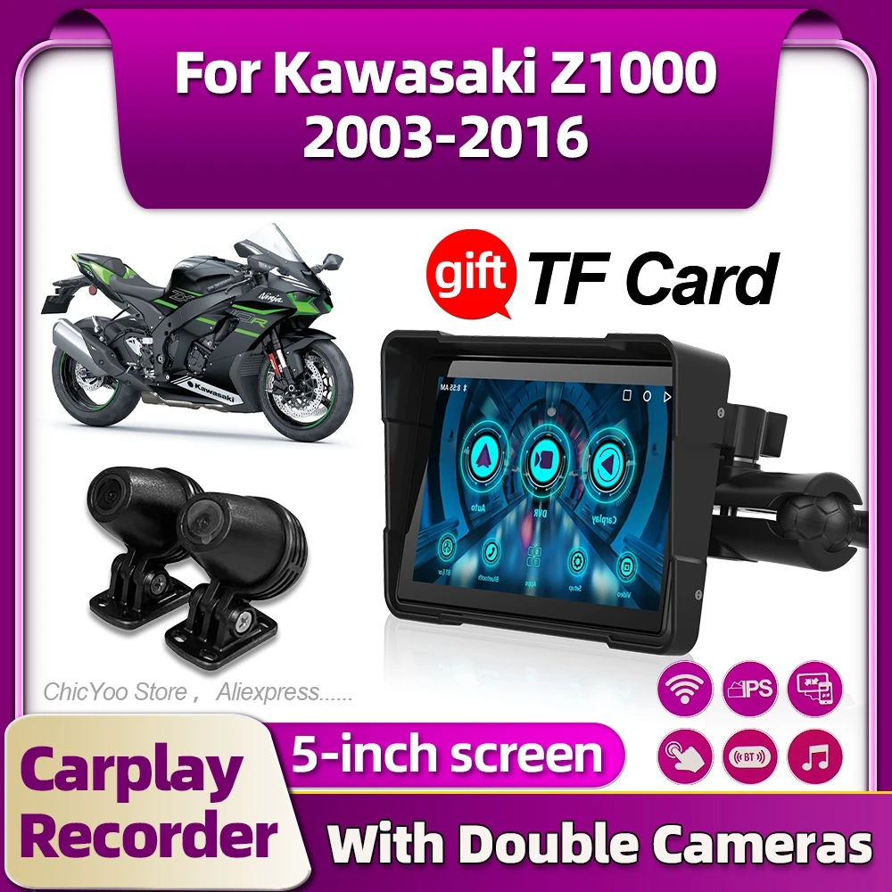 Motorcycle Apple Carplay 5Inch Android Waterproof GPS Navigation For Kawasaki Z1000 2003 2004 2005 2006 2007 2008 2009 2010-2016