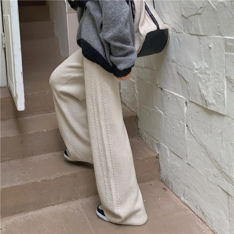 

Autumn and Winter Women's Thickened Warm Knitted Pants Solid Color Casual Versatile Elastic Waist Baggy Wide-legged Trousers