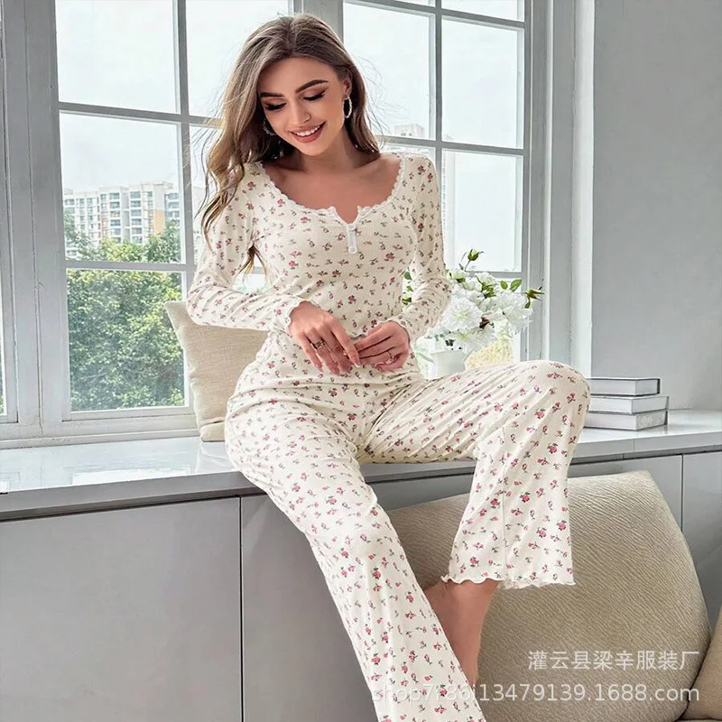 Autumn and Winter Loungewear Sexy Casual Fashion Long-sleeved Trousers Pajamas Two-piece Suit Female European and American Style