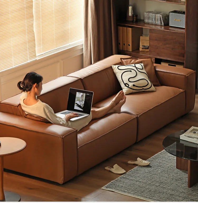 Tofu Block Leather Sofa Simple Modern Living Room Small Apartment Three Or Four People Square Down First Layer Cowhide Minimalis
