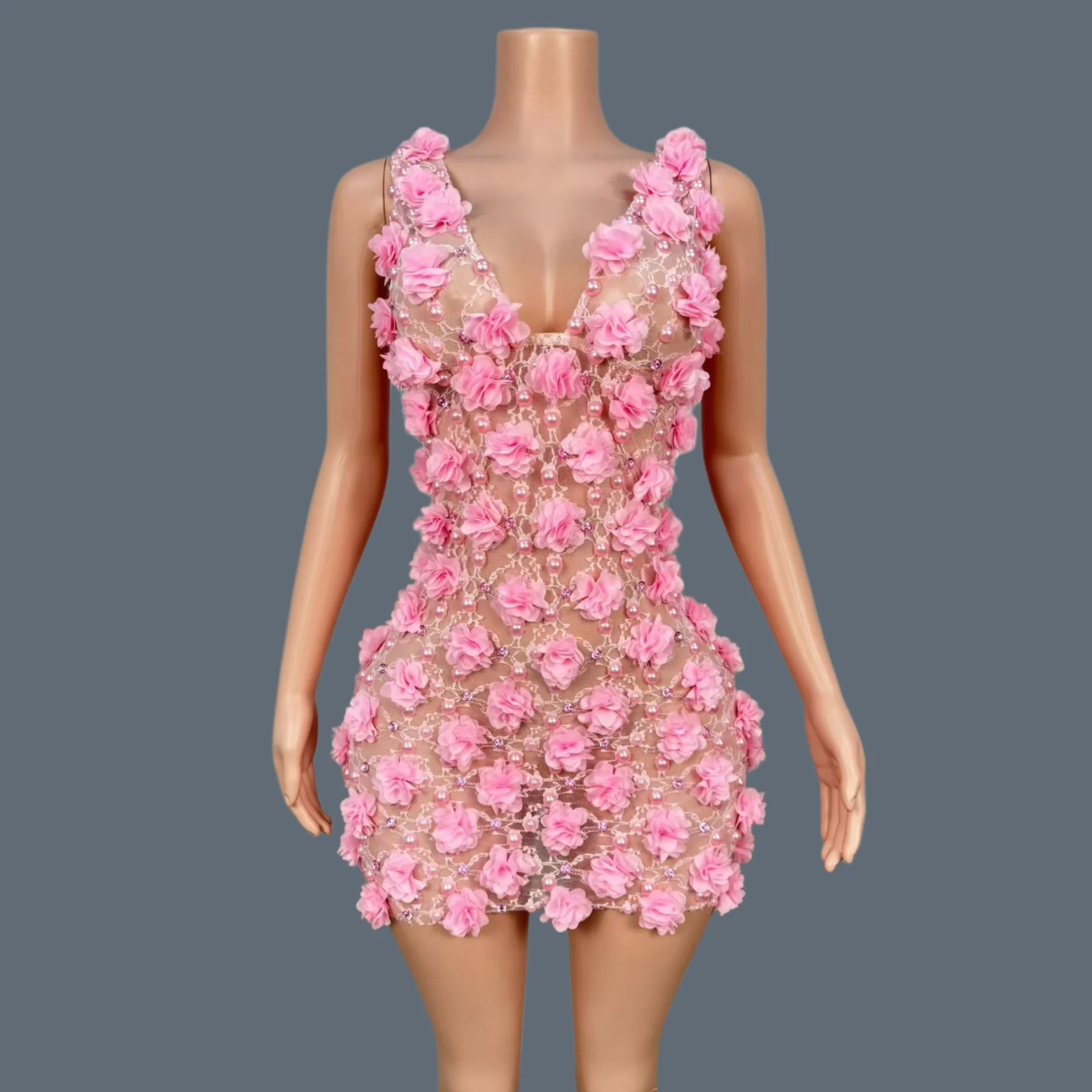 

Attractive See Through Mesh Flower Mini Dress Club Birthday Celebrate Party Outfit Photo Shoot Wear Pink Mini Dress Fenhuaduo