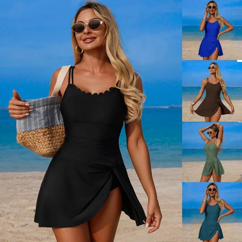 Scalloped One Piece Women Swimsuit Knotted Bathing Suit Spaghetti Strap Swimwear Beach Wear Adjustable Shoulder Strap Swimdress