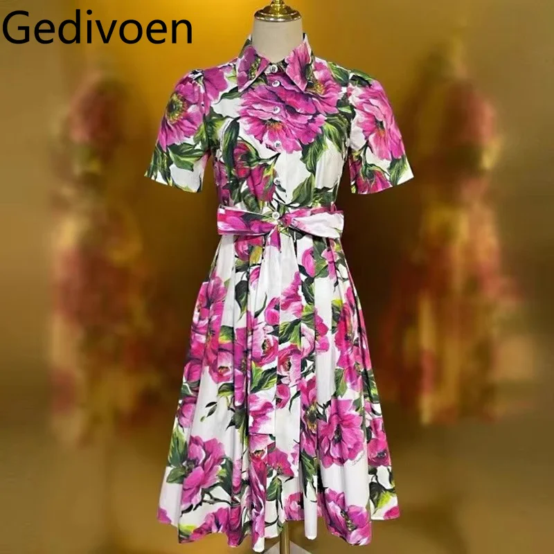 

Gedivoen Spring Autumn Women's Dress Single-Breasted Turn-Down Collar Floral-Print Short Sleeves Lace-Up Cotton Dresses