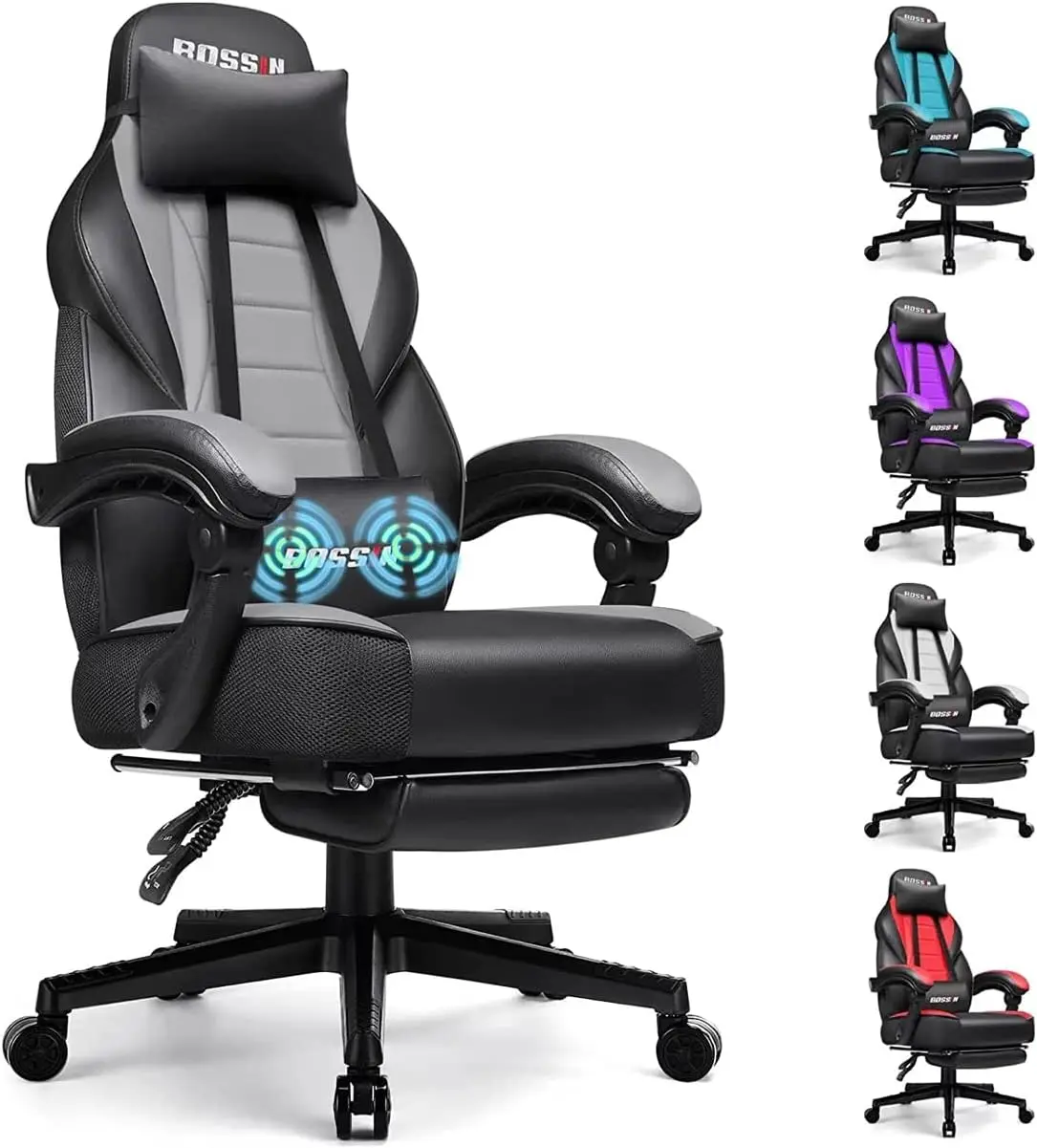 Gaming Chair with Massage, Ergonomic Heavy Duty Design with Footrest and Lumbar Support, Large Size Cushion High Back Off