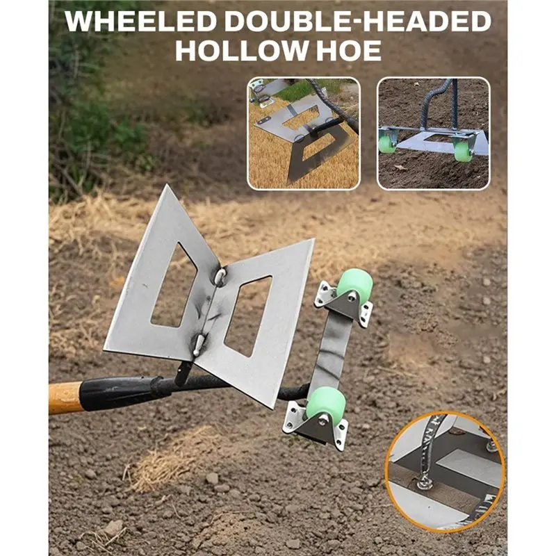 AB46-Dual-Head Steel Weeder For Garden Manual Push Weeding Tool Wheeled Hoe Design