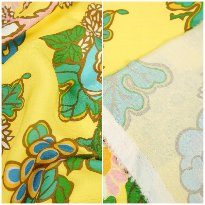 

Yellow Floral Textured Crinkle Fabric Designer Dress Skirt Handmade Making DIY Flowy Drape Background Decoration Craft Material