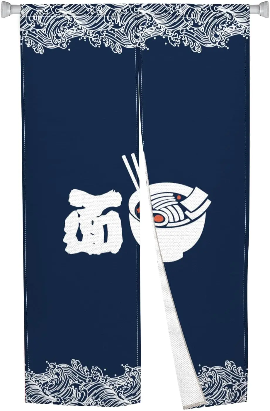 Japanese Style Ramen & Wave Pattern Door Curtain, Navy Blue Noodle Bowl Print For Restaurant & Kitchen, Classic Oriental Noren