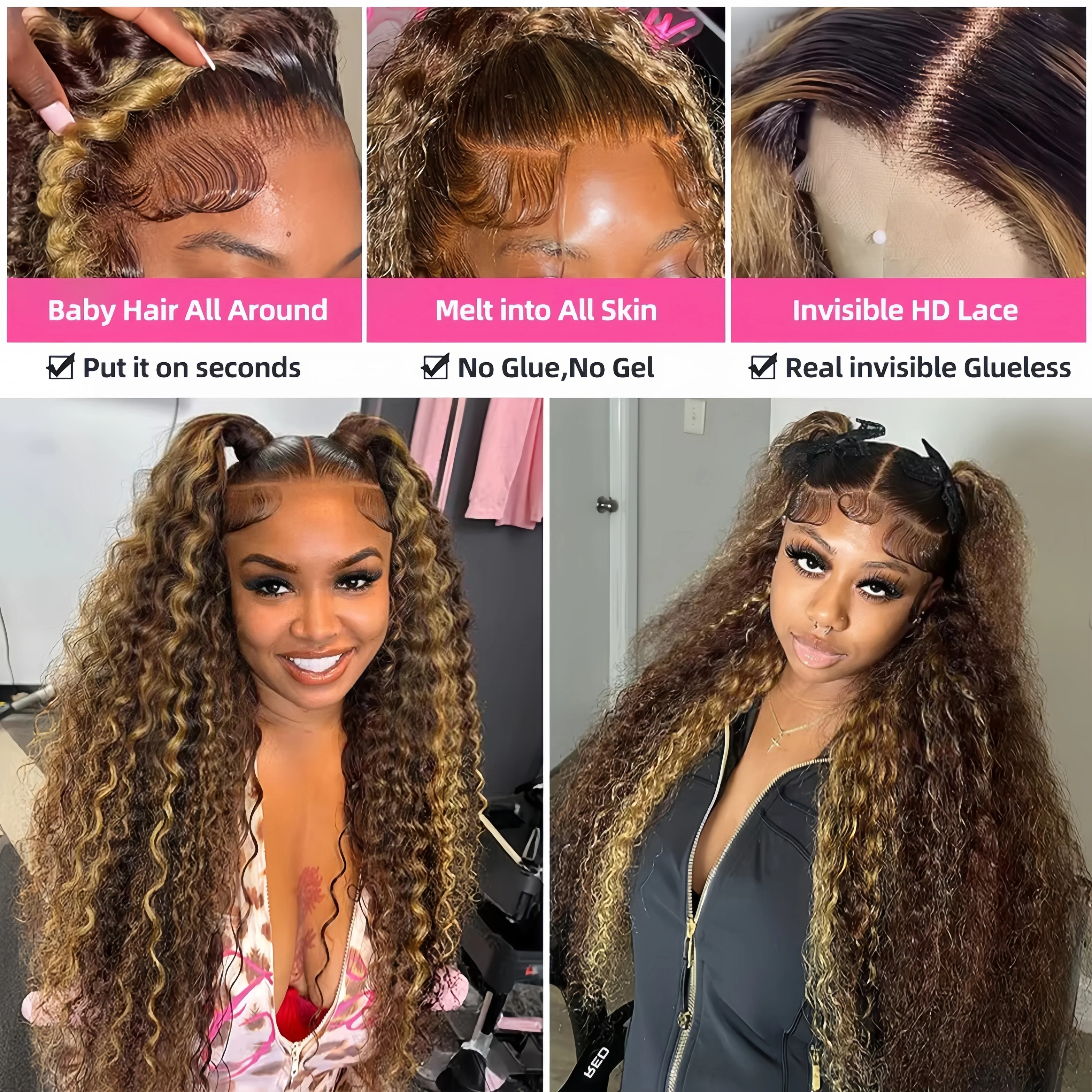 13x6 HD تسليط الضوء على شعر مستعار أومبير شعر الإنسان العسل شقراء براون الدانتيل الجبهة الباروكات شعر بشري مجعد شعر مستعار موجة عميقة شعر مستعار أمامي