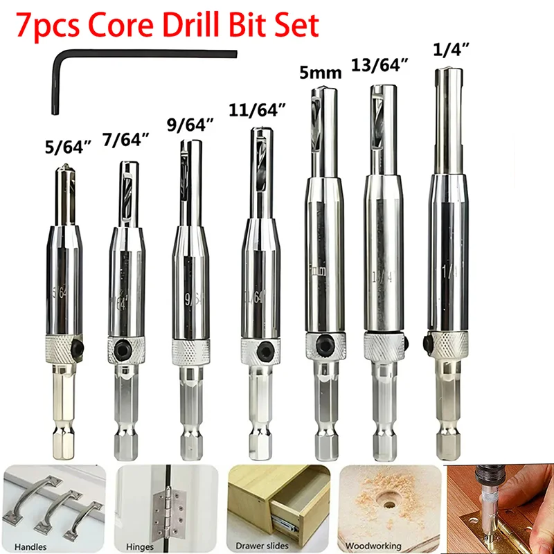 Automatic Center Drill Bit Set Self Centering Hinge Tapper Core Pilot Hole Puncher Woodworking Tool Replacement for Cabinet Door
