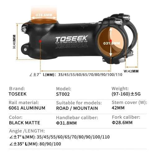 Imagen 2 del producto TOSEEK-vástago de manillar de bicicleta, 60/70/80/90/100mm, 28,6mm, 31,8mm, potencia negativa, mesa ligera para bicicleta de carretera