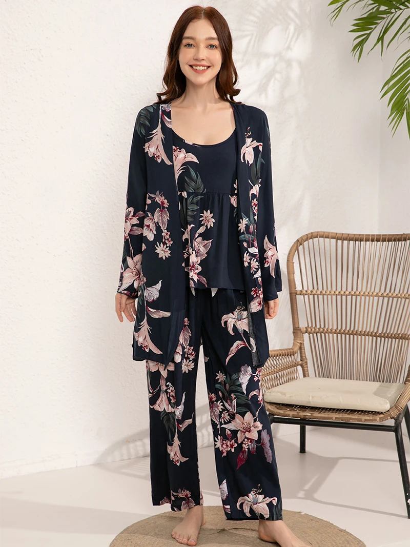 Plus Size S-XXXL 100% Viscose Ladies Spring Autumn Pajamas Set Comfortable Soft Home Suit Robes with Pants Pyjamas Sleepwear