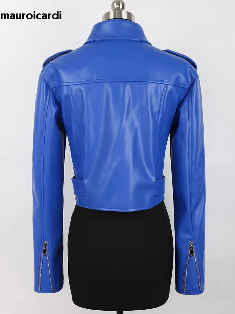 Mauroicardi Frühling Kurze Blaue Leichte Weiche Pu Leder Moto & Biker Jacke Frauen Zipper Gürtel Langarm Herbst Kleidung 2025