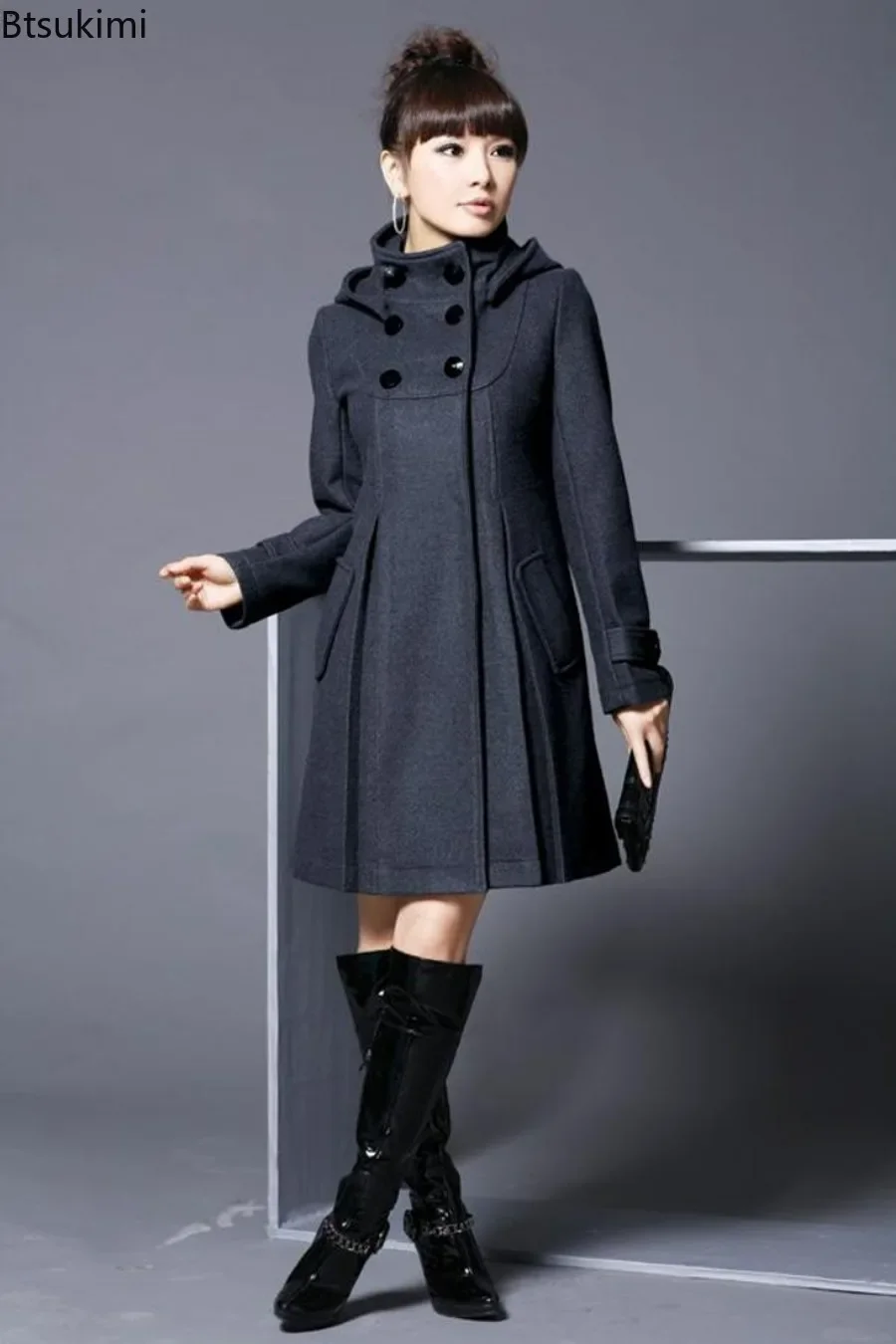 2024 Women\'s Thick Warm Blended Woolen Jacket Coat Autumn Winter Mid-length Hooded Cloak Shawl Coat Jacket Hooded Women Clothing